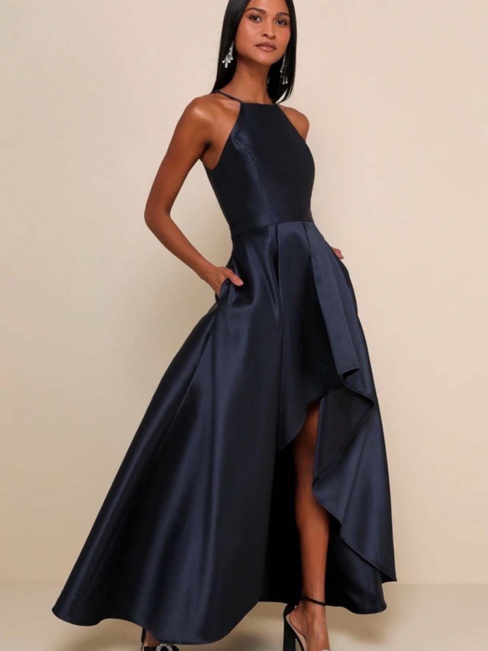 Lulus Broadway Show Navy Halter Satin High-Low Evening Dress